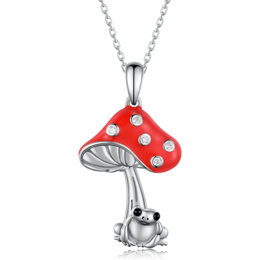 Women's Red Silver Simple Cute Frog Mushroom Charm Gift Pendant Necklace
